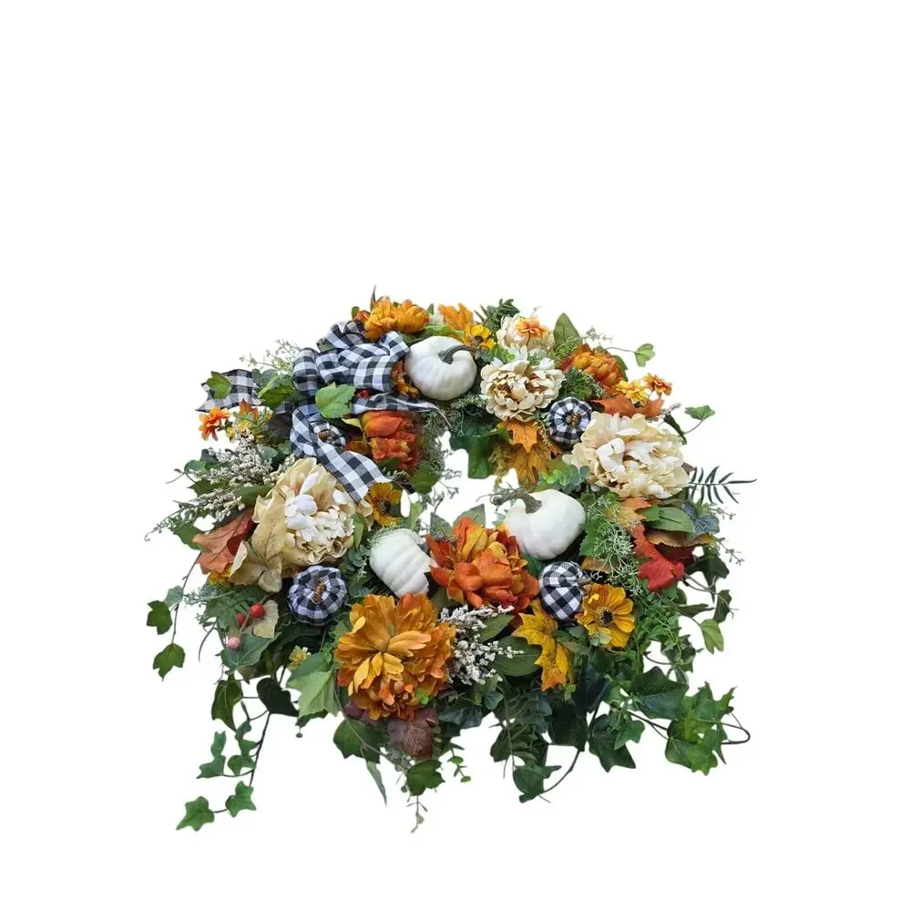 Large Buffalo plaid fall wreath-white pumpkin wreath, lambs ear wreath